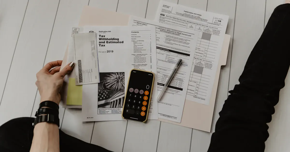 Calculatrice et billets posés sur une table avec un plan d'appartement en arrière-plan