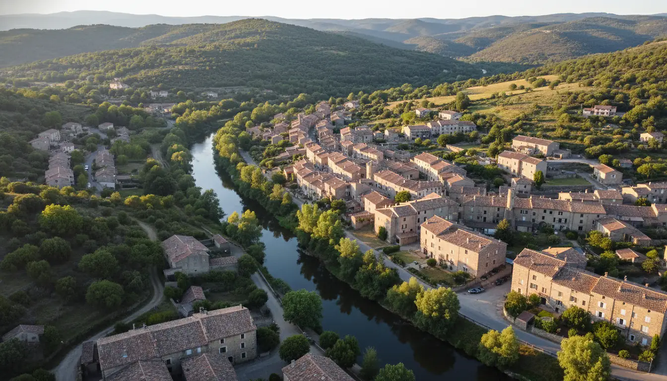 Bourg de Bédarieux dans la vallée de l'Orb, toits de tuiles romanes et collines verdoyantes, Hérault