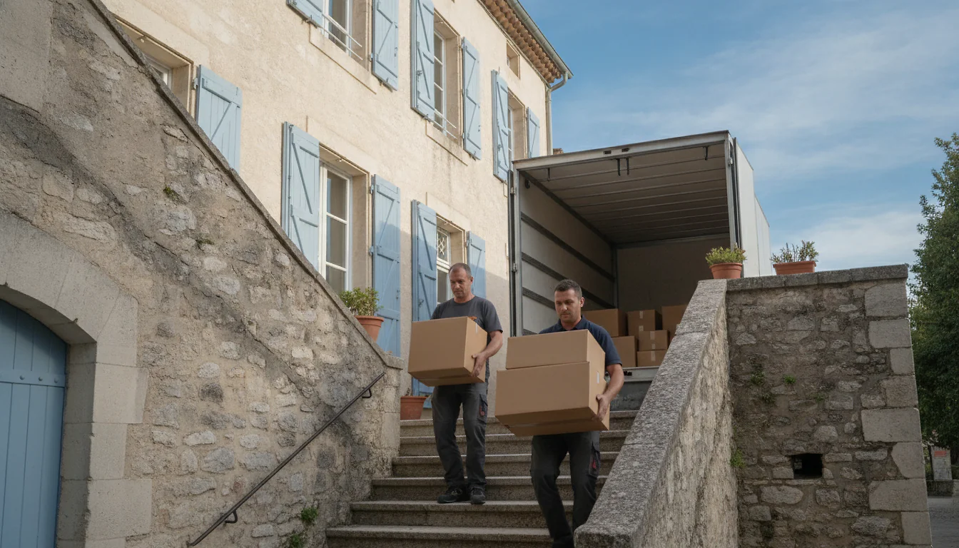 Deux déménageurs portant des cartons devant un camion blanc, immeuble méditerranéen en arrière-plan