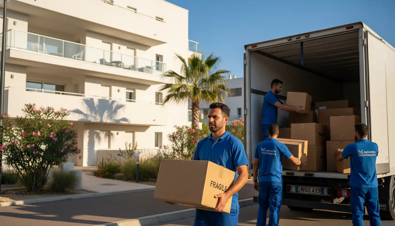 Équipe de déménageurs professionnels chargeant un camion blanc devant un immeuble à Montpellier, soleil méditerranéen