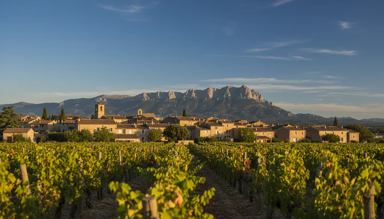 Vue du village viticole de Lauret dans l'Hérault avec le Pic Saint-Loup en arrière-plan