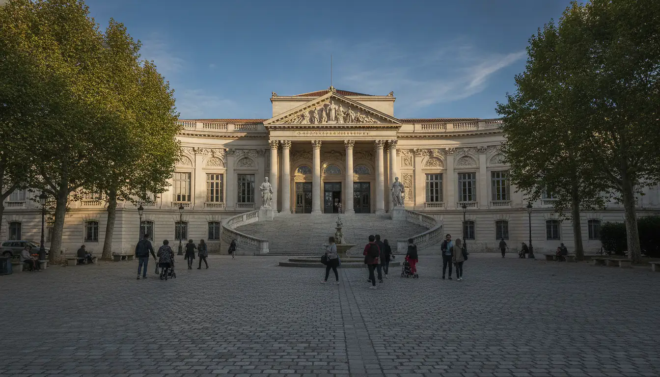 Façade classique en pierre du musée Fabre à Montpellier sous un ciel bleu ensoleillé