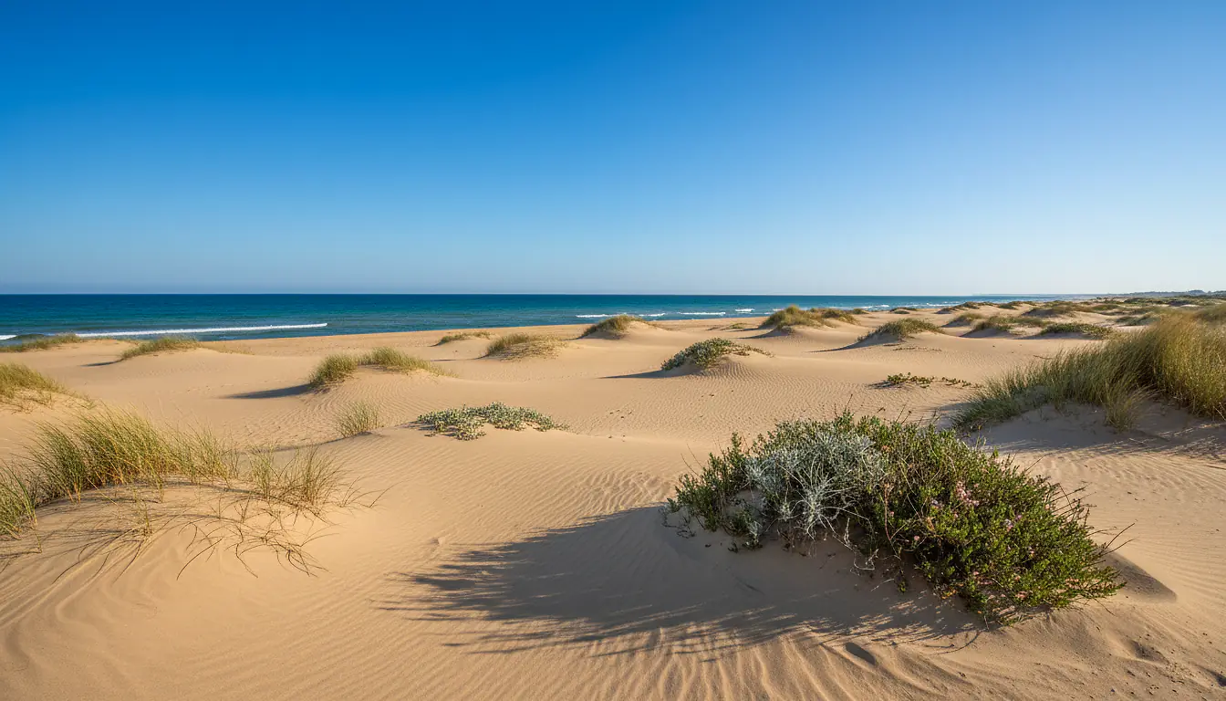 Plage sauvage de l'Espiguette, dunes de sable fin et mer Méditerranée turquoise sans construction visible
