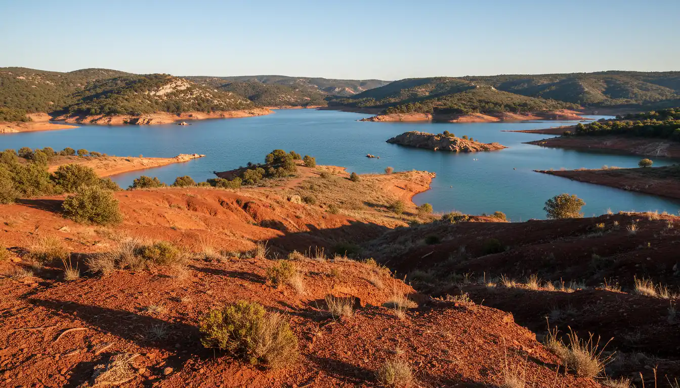 Lac du Salagou depuis les hauteurs de Saint-Jean-de-la-Blaquière, terre rouge de ruffe et eaux turquoise