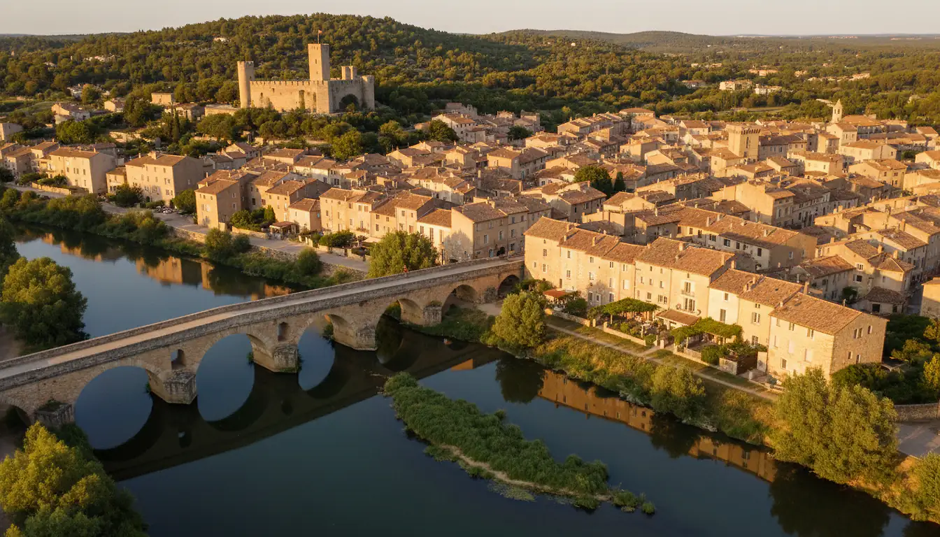 Vue aérienne de Sommières, village médiéval du Gard avec pont romain sur le Vidourle et château fort
