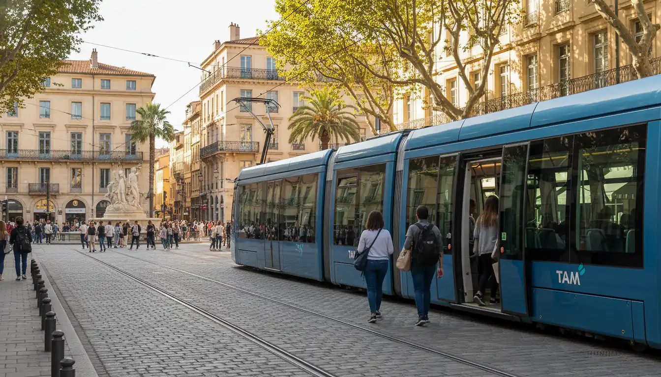 Tramway TAM bleu circulant sur la place de la Comédie à Montpellier, passagers en journée ensoleillée