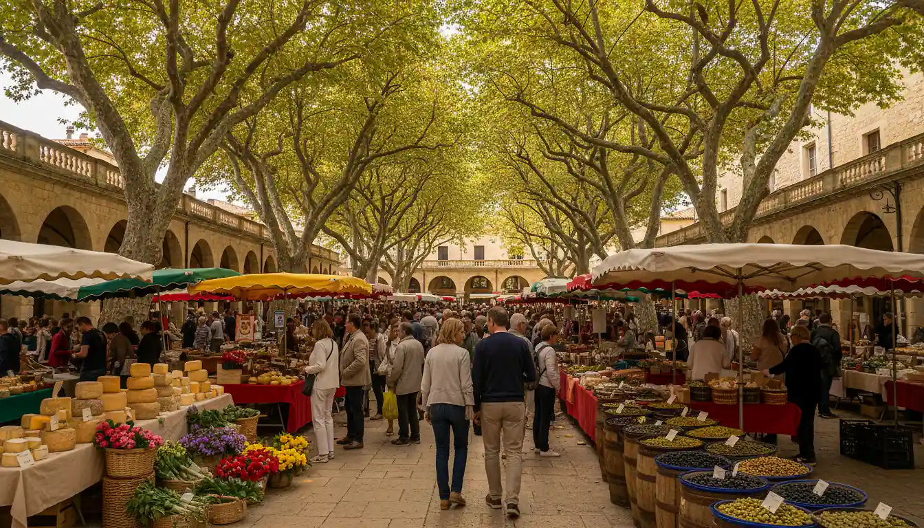 Marché provençal d'Uzès, place aux Herbes avec platanes centenaires et arcades médiévales