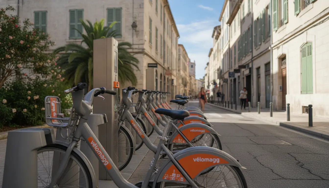 Station de vélos en libre-service alignés sur une borne automatique dans une rue de Montpellier