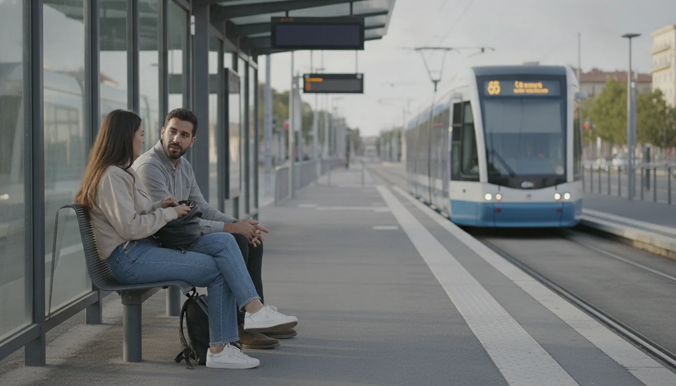 Voyageur validant sa carte TAM à une borne de tramway à Montpellier